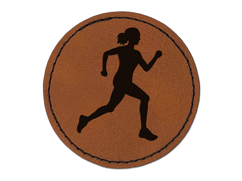 Woman Running Marathon Cardio Exercise Round Iron-On Engraved Faux Leather Patch Applique - 2.5"