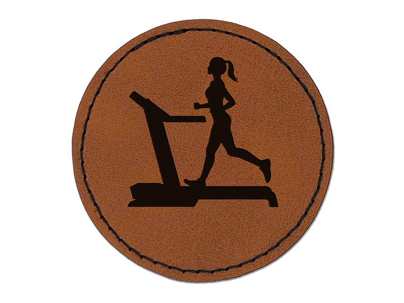 Woman Running on Treadmill Cardio Workout Gym Round Iron-On Engraved Faux Leather Patch Applique - 2.5"