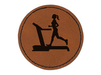 Woman Running on Treadmill Cardio Workout Gym Round Iron-On Engraved Faux Leather Patch Applique - 2.5"