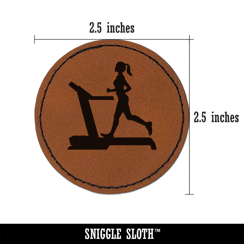 Woman Running on Treadmill Cardio Workout Gym Round Iron-On Engraved Faux Leather Patch Applique - 2.5"