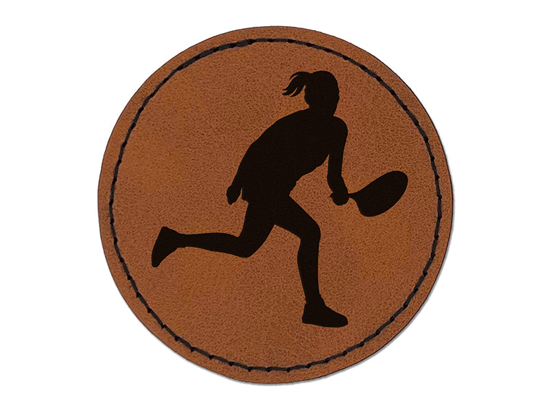 Woman Tennis Player Sports Round Iron-On Engraved Faux Leather Patch Applique - 2.5"
