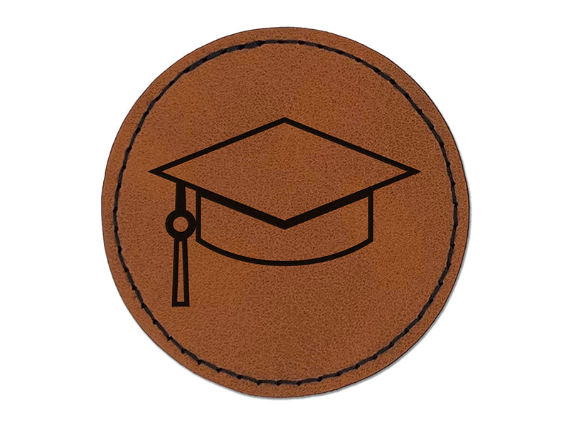 Graduation Cap Hat Round Iron-On Engraved Faux Leather Patch Applique - 2.5"