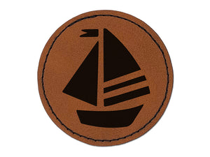 Summer Sailboat Sailing Round Iron-On Engraved Faux Leather Patch Applique - 2.5"