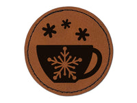 Tea Coffee Cup Snowflake Details Winter Round Iron-On Engraved Faux Leather Patch Applique - 2.5"