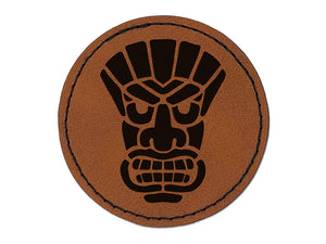 Tiki Mask Hawaii Luau Round Iron-On Engraved Faux Leather Patch Applique - 2.5"