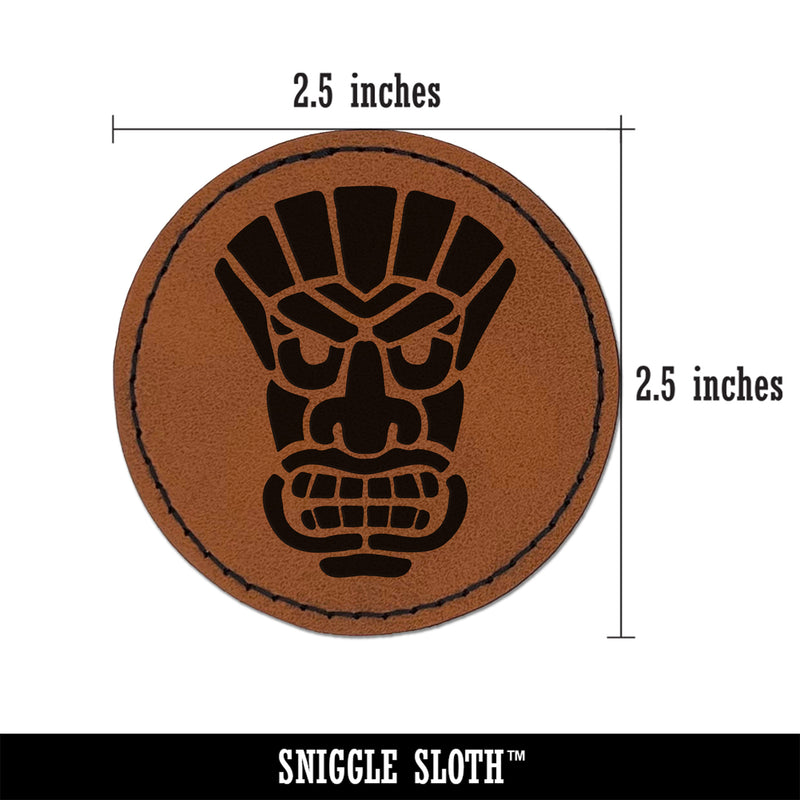 Tiki Mask Hawaii Luau Round Iron-On Engraved Faux Leather Patch Applique - 2.5"