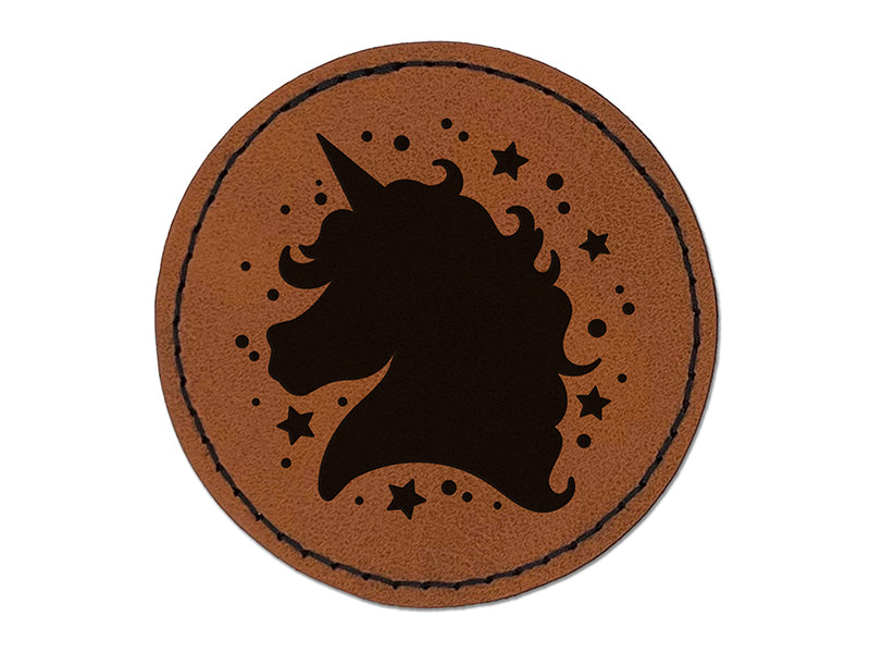 Unicorn Head and Stars Round Iron-On Engraved Faux Leather Patch Applique - 2.5"
