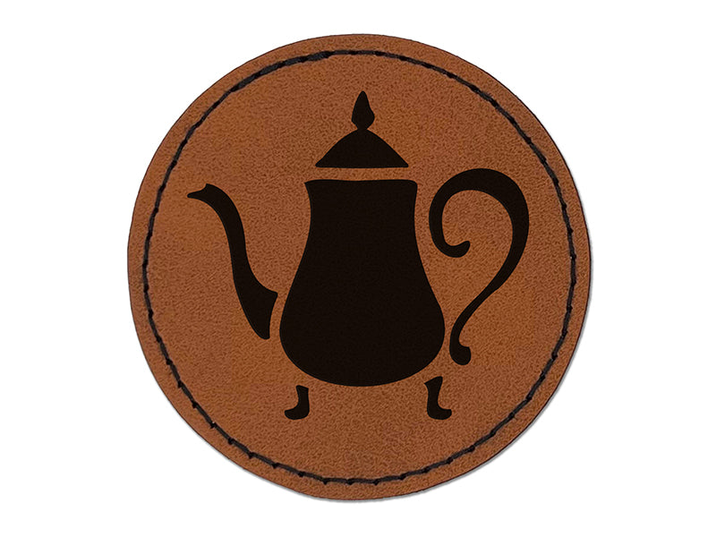 Antique Vintage Tea Pot Kettle Round Iron-On Engraved Faux Leather Patch Applique - 2.5"