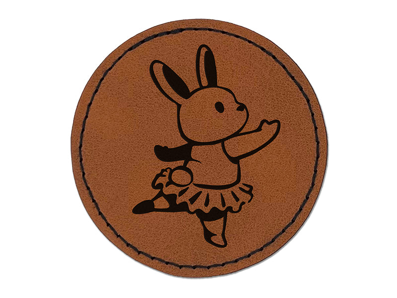 Ballerina Bunny Rabbit In Tutu Round Iron-On Engraved Faux Leather Patch Applique - 2.5"