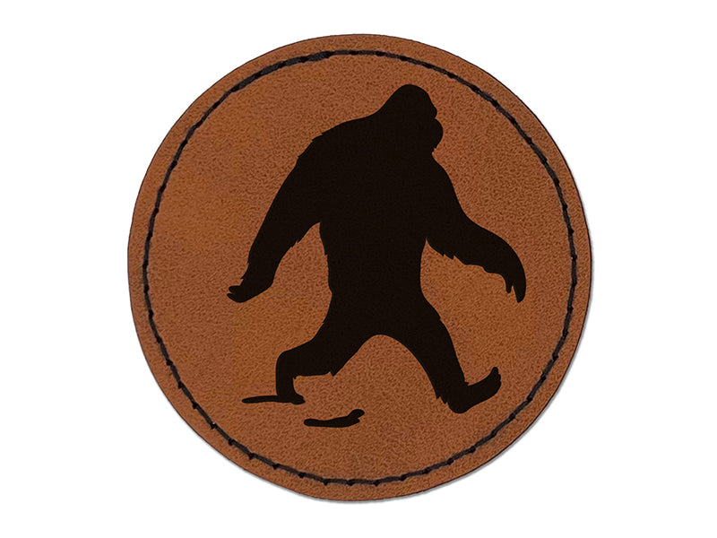 Bigfoot Sasquatch Walking with Footprint Trail Round Iron-On Engraved Faux Leather Patch Applique - 2.5"