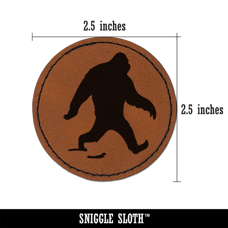 Bigfoot Sasquatch Walking with Footprint Trail Round Iron-On Engraved Faux Leather Patch Applique - 2.5"