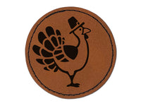 Cartoon Thanksgiving Turkey with Pilgrim Hat Round Iron-On Engraved Faux Leather Patch Applique - 2.5"