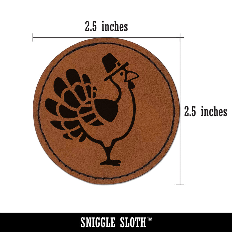 Cartoon Thanksgiving Turkey with Pilgrim Hat Round Iron-On Engraved Faux Leather Patch Applique - 2.5"