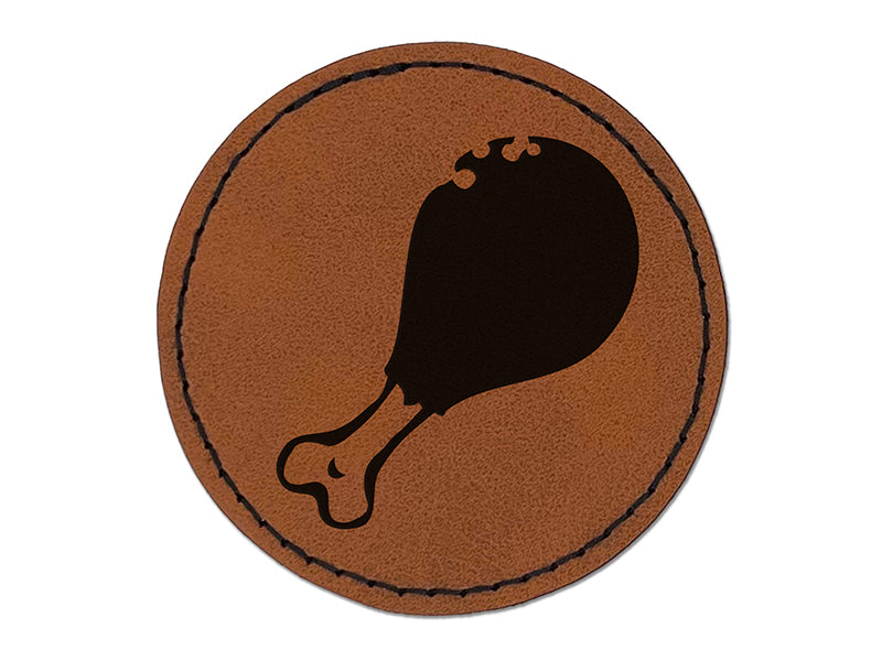 Chicken Drumstick Meat Food Round Iron-On Engraved Faux Leather Patch Applique - 2.5"