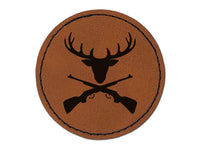 Crossed Hunting Rifles with Deer Head Antlers Round Iron-On Engraved Faux Leather Patch Applique - 2.5"