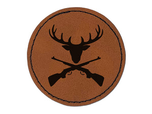 Crossed Hunting Rifles with Deer Head Antlers Round Iron-On Engraved Faux Leather Patch Applique - 2.5"