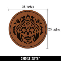 Dia De Los Muertos Woman Mexican Sugar Skull with Flowers Round Iron-On Engraved Faux Leather Patch Applique - 2.5"