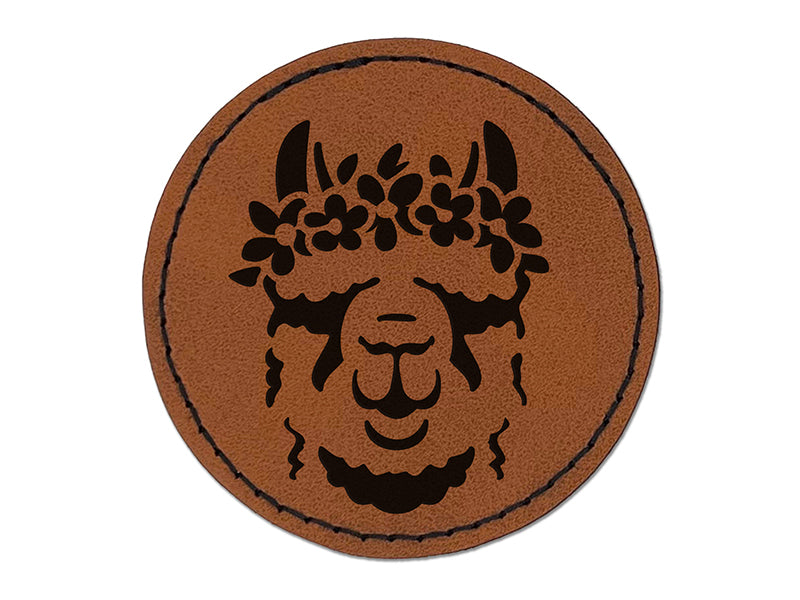 Flower Crown Llama Head Round Iron-On Engraved Faux Leather Patch Applique - 2.5"