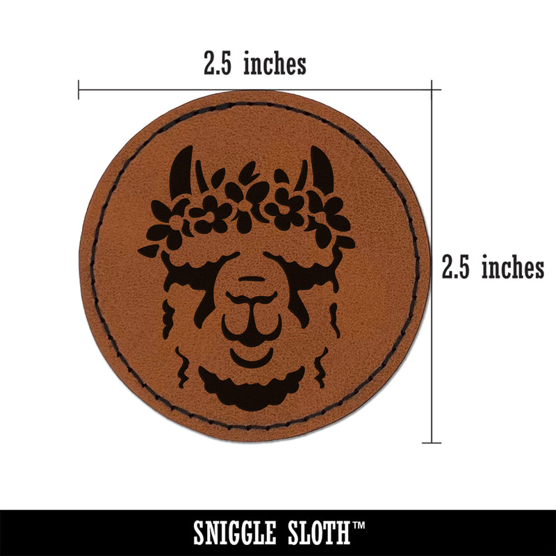 Flower Crown Llama Head Round Iron-On Engraved Faux Leather Patch Applique - 2.5"
