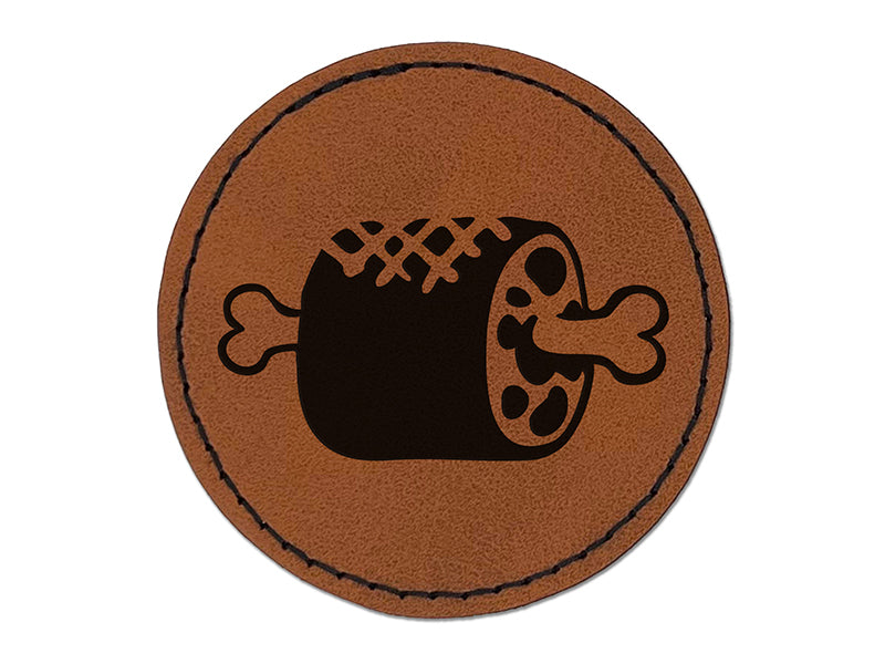 Grilled Barbecue Meat Haunch on Bone Round Iron-On Engraved Faux Leather Patch Applique - 2.5"