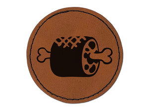 Grilled Barbecue Meat Haunch on Bone Round Iron-On Engraved Faux Leather Patch Applique - 2.5"