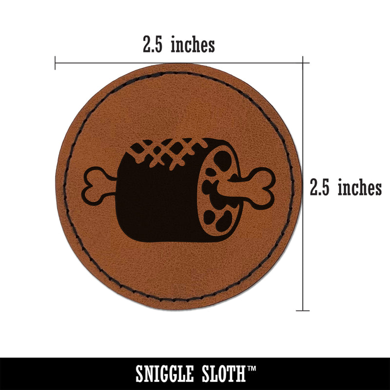 Grilled Barbecue Meat Haunch on Bone Round Iron-On Engraved Faux Leather Patch Applique - 2.5"