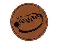 Hotdog Wiener Bun Ketchup Mustard Round Iron-On Engraved Faux Leather Patch Applique - 2.5"