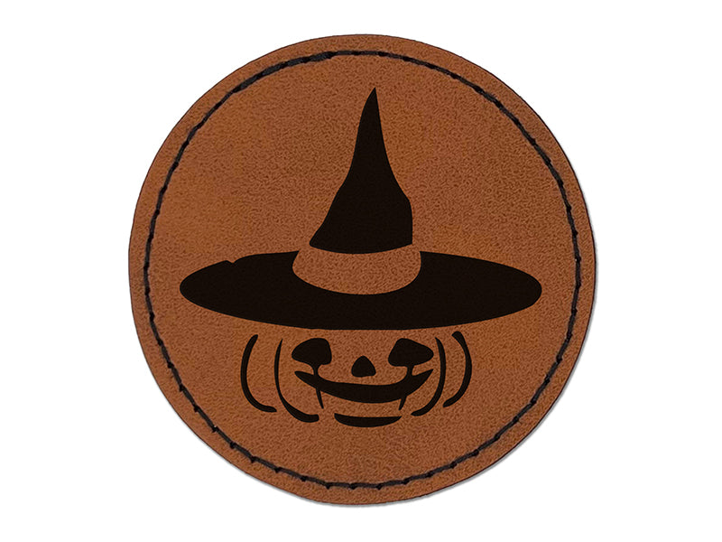 Jack-O'-Lantern with Witch Hat Halloween Pumpkin Round Iron-On Engraved Faux Leather Patch Applique - 2.5"