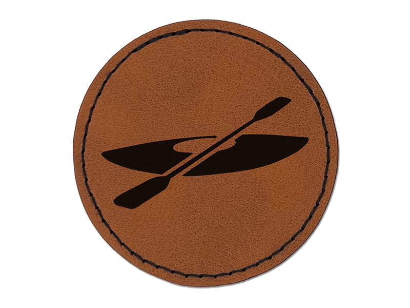 Kayak with Paddle Round Iron-On Engraved Faux Leather Patch Applique - 2.5"