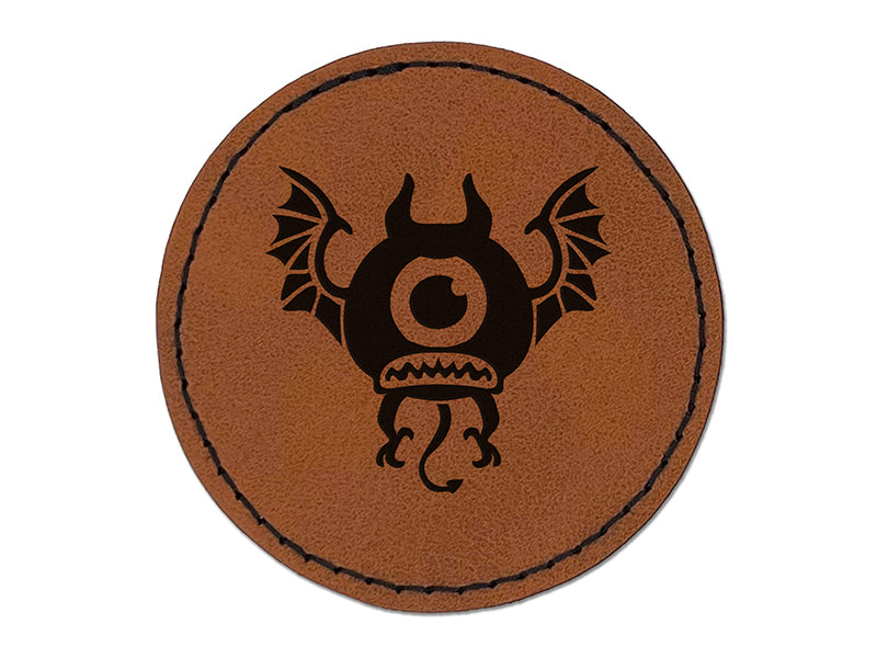 One Eyed Monster Demon with Bat Wings Round Iron-On Engraved Faux Leather Patch Applique - 2.5"