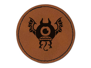 One Eyed Monster Demon with Bat Wings Round Iron-On Engraved Faux Leather Patch Applique - 2.5"