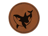 Orca Killer Whale Swimming Round Iron-On Engraved Faux Leather Patch Applique - 2.5"