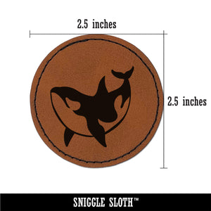 Orca Killer Whale Swimming Round Iron-On Engraved Faux Leather Patch Applique - 2.5"