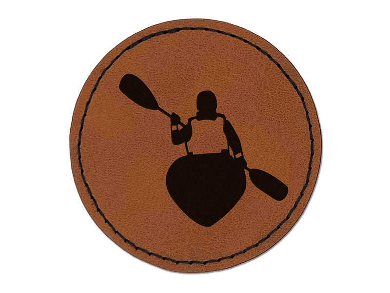 Person Kayaking with Paddle Back Behind View Round Iron-On Engraved Faux Leather Patch Applique - 2.5"