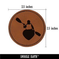 Person Kayaking with Paddle Back Behind View Round Iron-On Engraved Faux Leather Patch Applique - 2.5"