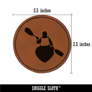 Person Kayaking with Paddle Back Behind View Round Iron-On Engraved Faux Leather Patch Applique - 2.5"