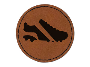 Soccer Football Cleats Sports Shoes Round Iron-On Engraved Faux Leather Patch Applique - 2.5"