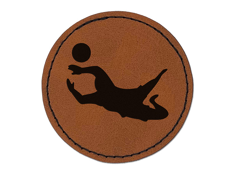 Soccer Goalie Diving For Ball Association Football Round Iron-On Engraved Faux Leather Patch Applique - 2.5"