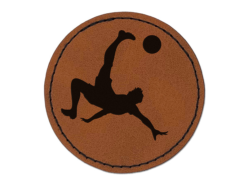 Soccer Player Bicycle Overhead Scissors Kick Ball Association Football Round Iron-On Engraved Faux Leather Patch Applique - 2.5"