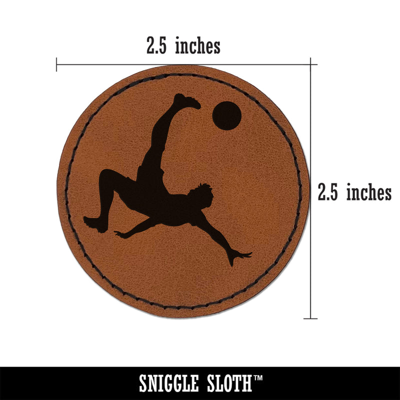 Soccer Player Bicycle Overhead Scissors Kick Ball Association Football Round Iron-On Engraved Faux Leather Patch Applique - 2.5"