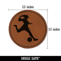 Soccer Player Woman Kicking Ball Association Football Round Iron-On Engraved Faux Leather Patch Applique - 2.5"