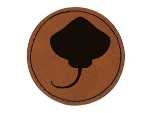 Stingray Skate Fish Silhouette Round Iron-On Engraved Faux Leather Patch Applique - 2.5"