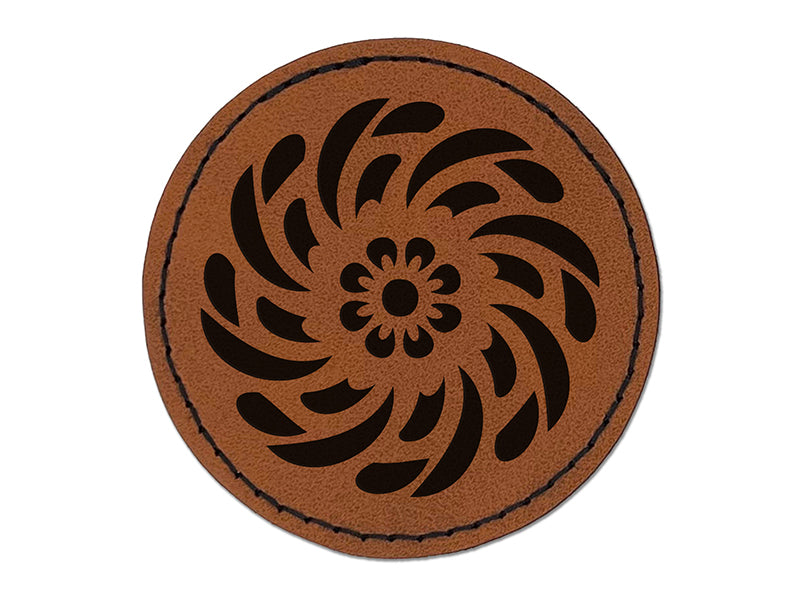 Swirling Geometrical Flower Round Iron-On Engraved Faux Leather Patch Applique - 2.5"