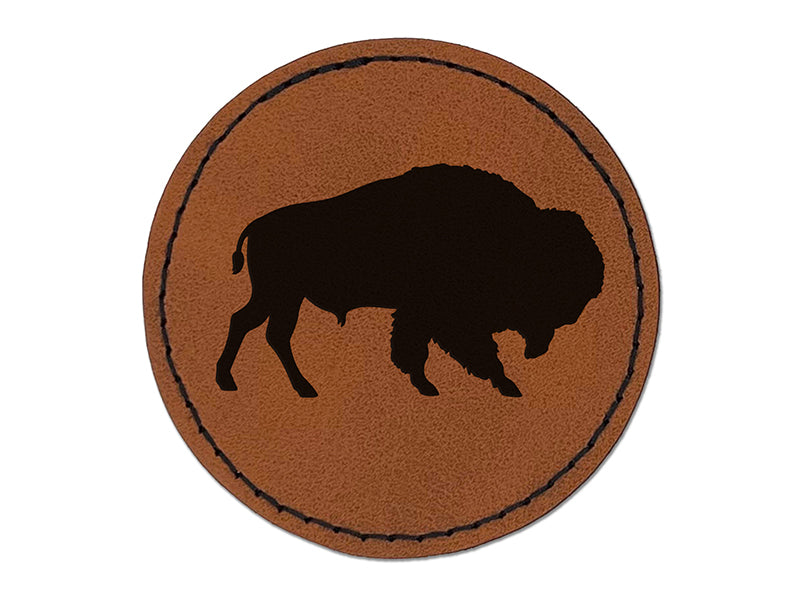 American Buffalo Bison Solid Round Iron-On Engraved Faux Leather Patch Applique - 2.5"