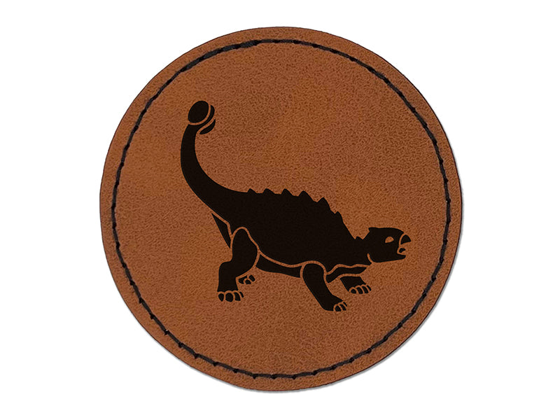 Ankylosaurus Dinosaur Round Iron-On Engraved Faux Leather Patch Applique - 2.5"
