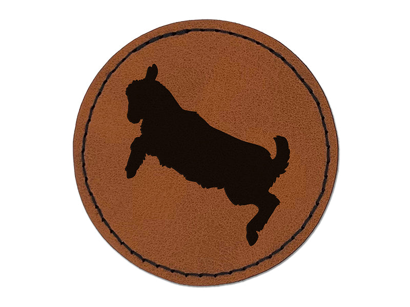 Baby Goat Jumping Playing Round Iron-On Engraved Faux Leather Patch Applique - 2.5"