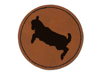 Baby Goat Jumping Playing Round Iron-On Engraved Faux Leather Patch Applique - 2.5"