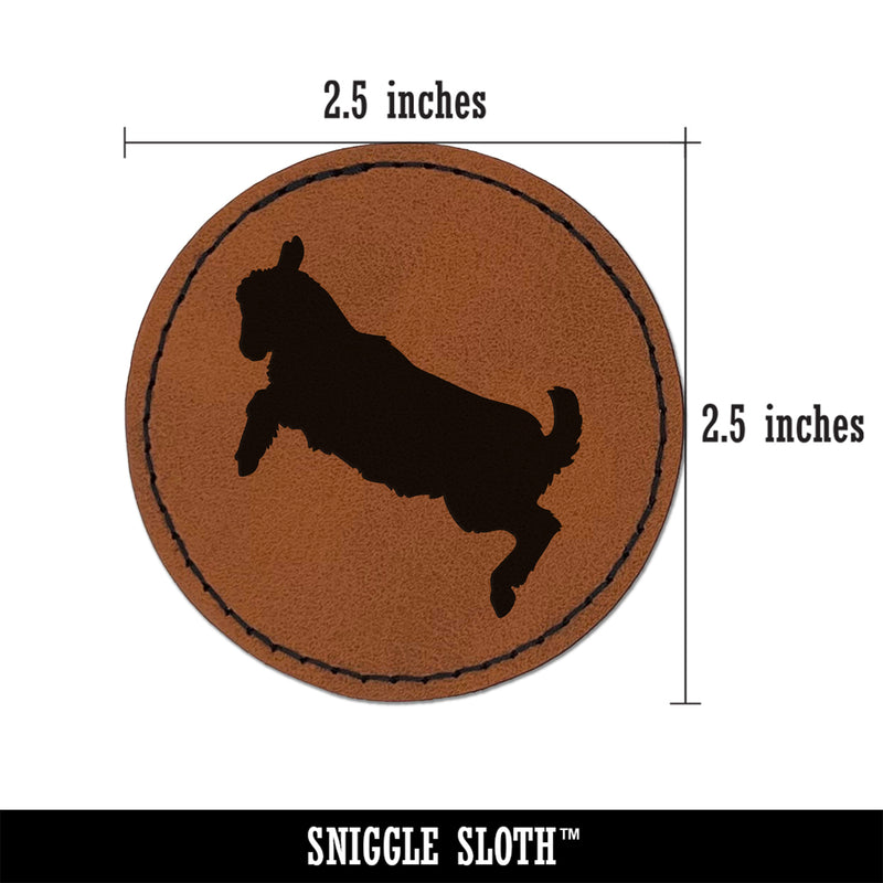Baby Goat Jumping Playing Round Iron-On Engraved Faux Leather Patch Applique - 2.5"