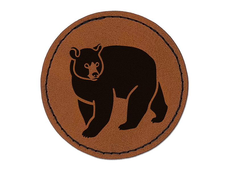 Black Bear Round Iron-On Engraved Faux Leather Patch Applique - 2.5"