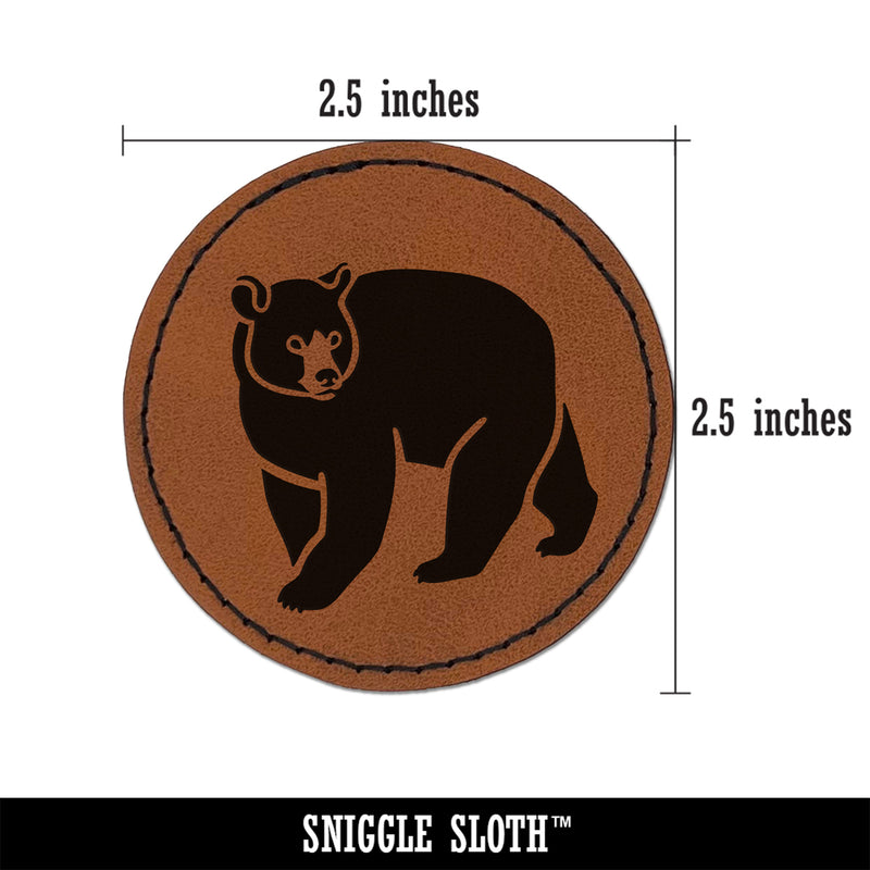 Black Bear Round Iron-On Engraved Faux Leather Patch Applique - 2.5"